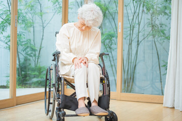 膝を痛め車椅子に乗ったシニア女性