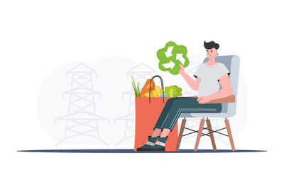 A man sits next to a bag of healthy food and holds an EKO icon. Healthy food, ecology, recycling and zero waste concept. Trend style, vector illustration.