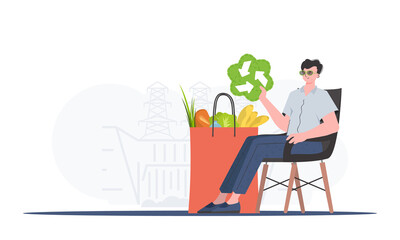A man sits next to a bag of healthy food and holds an EKO icon. Healthy food, ecology, recycling and zero waste concept. Trend vector illustration. - obrazy, fototapety, plakaty
