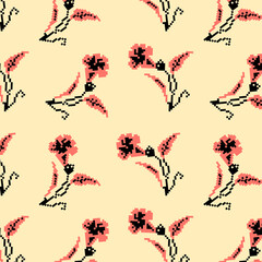 Graphic ethnic pattern with flowers. Pixels art. Ethnic Ukrainian motives. Geometric botanic floral illustration. Retro fashion. Traditional decorative ornament.