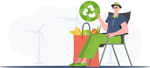 A man sits next to a bag of healthy food and holds an EKO icon. Healthy food, ecology, recycling and zero waste concept. Flat trendy style. Vector.