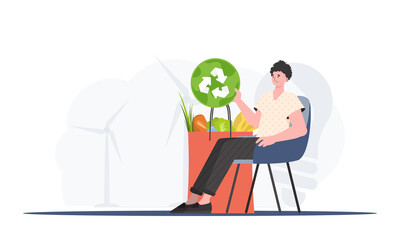 A man sits next to a bag of healthy food and holds an EKO icon. The concept of ecology, zero waste and healthy eating. Trend style, vector illustration. - obrazy, fototapety, plakaty