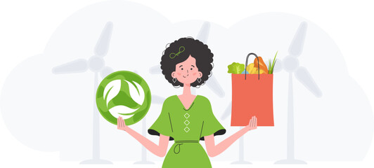 The girl is depicted waist-deep holding an EKO icon and a bag of proper nutrition. Healthy food, ecology, recycling and zero waste concept. Flat trendy style. Vector. - obrazy, fototapety, plakaty