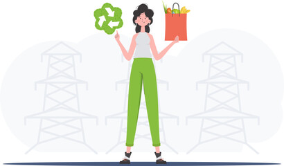 The girl is depicted in full growth holding an EKO icon and a package with proper nutrition. The concept of ecology, zero waste and healthy eating. Trend style, vector illustration. - obrazy, fototapety, plakaty