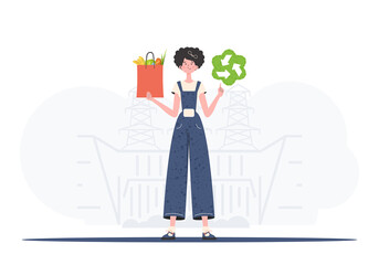 A full-length woman is shown holding an EKO icon and a bag of proper nutrition. Healthy food, ecology, recycling and zero waste concept. Trend style, vector illustration. - obrazy, fototapety, plakaty