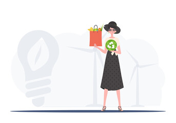A full-length woman is shown holding an EKO icon and a bag of proper nutrition. Healthy food, ecology, recycling and zero waste concept. Trend vector illustration. - obrazy, fototapety, plakaty