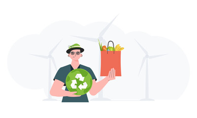 The man is shown waist-deep holding an EKO icon and a bag of proper nutrition. Healthy food, ecology, recycling and zero waste concept. Trend vector illustration. - obrazy, fototapety, plakaty