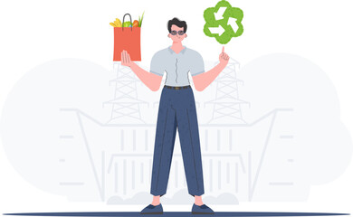A full-length man is shown holding an EKO icon and a package of proper nutrition. Healthy food, ecology, recycling and zero waste concept. Trend vector illustration. - obrazy, fototapety, plakaty