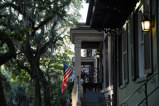 A beautiful Savannah, Georgia neighborhood on a summer morning. 