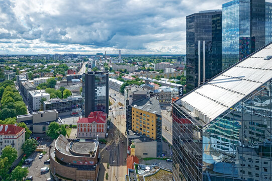 Aerial view of business district in city Tallinn Estonia