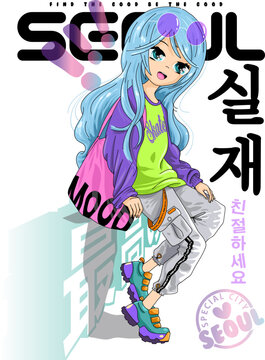 Anime girl with big eyes and blue hair greets you. She reflects street fashion with her T-shirt and colorful sunglasses.  Korean text means "Real"and Japanese text means "Be kind"