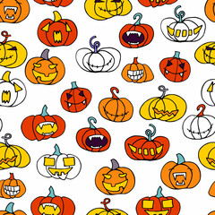 Seamless halloween scary orange pumpkins pattern. Funny, creepy, smiling face on white backgrounds. Doodle Autumn characters. Happy Halloween symbol. Spooky vector trick or treat party illustration
