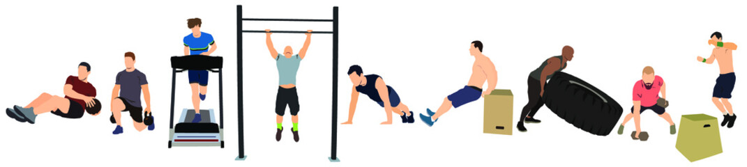 vector art of group of men doing different workout and exercise
