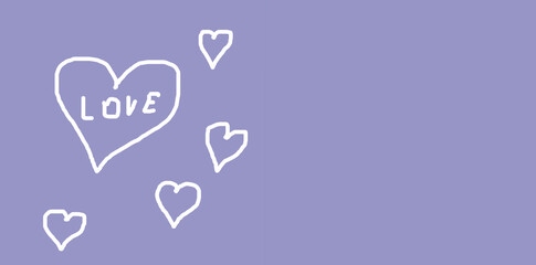 White painted hearts on a lilac background.The concept of love