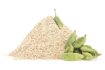 Pile of cardamom powder and cardamom pods isolated on a white background. Ground cardamom and whole...