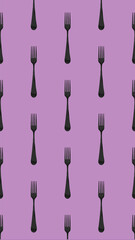 Seamless pattern. Fork top view on pastel fiolet purpur background. Template for applying to surface. Vertical image. Flat lay. 3D image. 3D rendering.