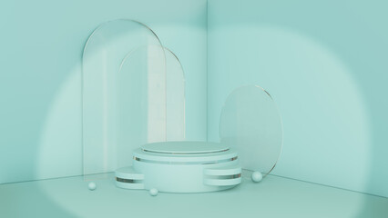 Creamy green podium for product display with glass background. Natural color tones. 3D rendering