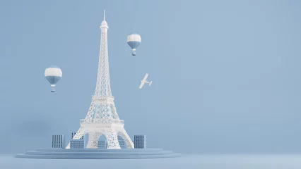 Stof per meter 3D Rendering of paris panorama with eiffel tower, hot air balloons and an airplane in flight. Good for travel postcard, poster and tour advertising. © ahmadalfant