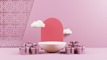 Clouds and product podium 3d rendering background. Concept of islamic celebration muharram, ramadan kareem and eid al fitr adha with blank space.