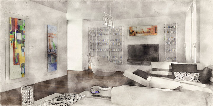 Watercolor Painting of a Flat with Artwork