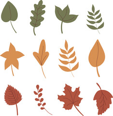 Autumn leaves set. Simple flat style. Isolated vector illustration. Design for stickers, logo. Colored leaves. Red, yellow, green.