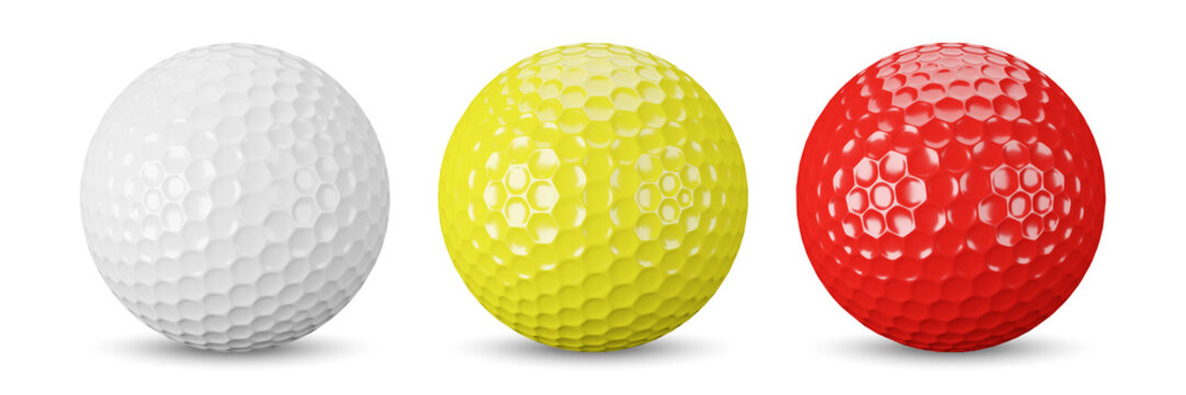 Golf ball . White , yellow and red color . Isolated . Embedded clipping paths . 3D rendering .