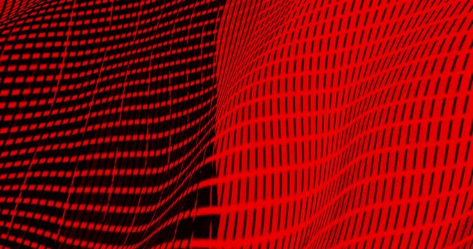 Grid of red canvas is moving in waves. A solid background across the entire space of the mesh fabric in motion. 