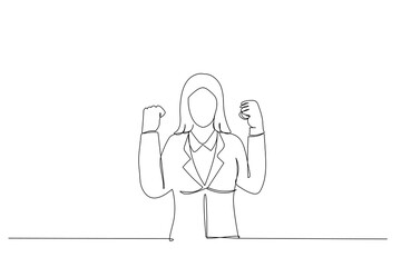 Illustration of enthusiastic asian woman rejoicing, say yes and celebrating victory, champion dance, fist pump gesture. One line style art