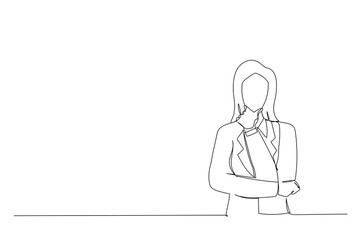 Drawing of pleased asian business woman crossed arms. Single continuous line art