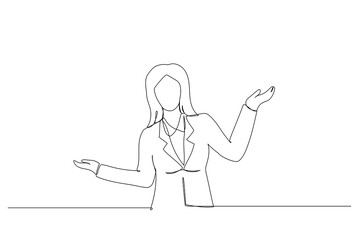 Illustration of pretty female boss keeps fit and healthy, raises hands and shows muscles, feels proud about her achievements. One continuous line art style