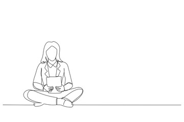 Drawing of smiling young businesswoman meditating at workplace. Single line art style