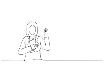 Cartoon of young woman wearing business style swearing with hand on chest and open palm, making a loyalty promise oath. Single continuous line art style