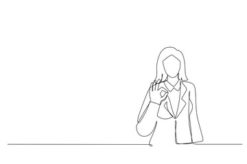 Drawing of young business woman showing OK sign. Single line art style