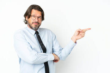 Senior dutch business man isolated on white background pointing finger to the side