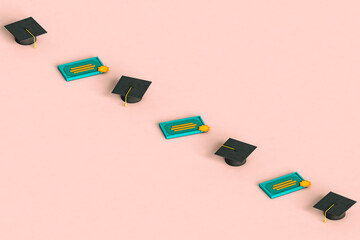 a row of graduation cap and diploma