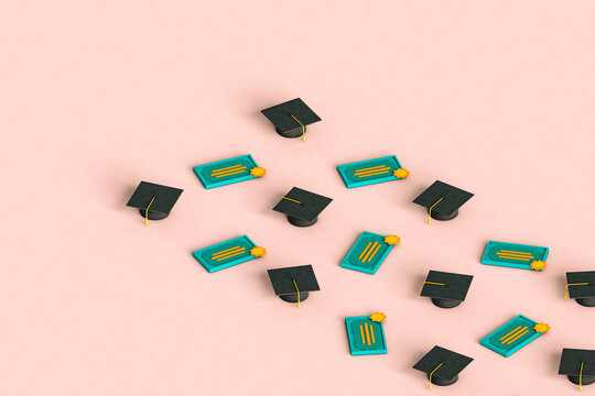 rows of graduation cap and diplomas. 3d rendering
