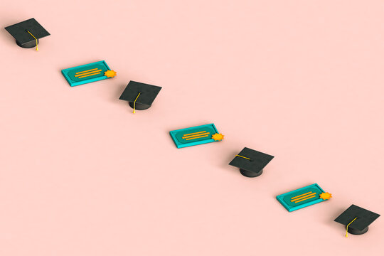 a row of graduation cap and diploma