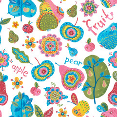 Seamless pattern of flowers, apples, pears, apple and pear trees in folk style. Drawing in watercolor and gouache. Isolated image on a white background. Pink, blue, yellow and olive colors used.