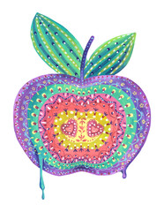 Multicolored patterned apple in folk style. Isolated image on a white background. Used purple, yellow, red, green, white. Drawing in gouache and watercolor.
