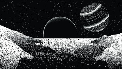 Stars and exoplanet in outer space. Futuristic landscape, with noise texture . Night landscape with starry sky .Vector illustration © miloje