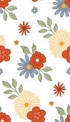 Seamless pattern with groovy flowers and stems on white pattern. Hippie mood. Flower power. Vector retro floral texture. Nature background