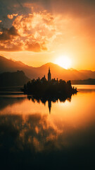 sunset on the lake in Bled Slovenia in Summer