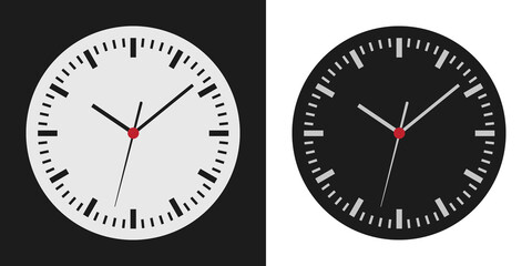 Flat design collection of light and dark clock face illustrations. Circular background with minute, hour and second hand, vector