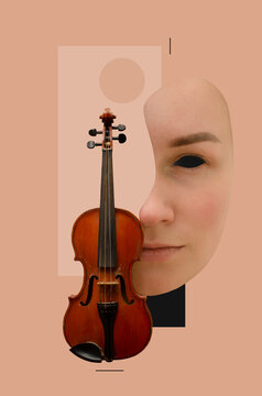 Collage with old violin and half of a young woman's face