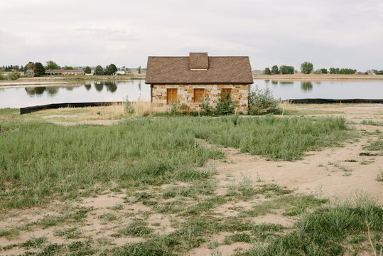 Pump house by a pond