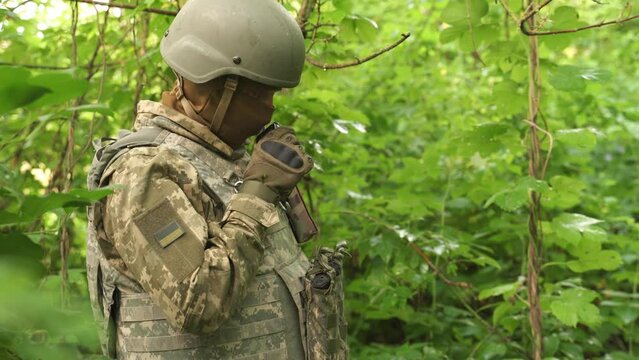 a portrait of a Ukrainian military man communicating by radio. a military man in the forest reports news on a walkie-talkie and gives orders. communication between units during a combat mission