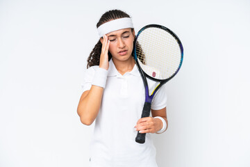 Young tennis player woman isolated on white background with headache