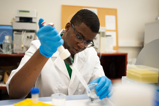 Black Man Scientist Focused Using The Pipette In The Lab.