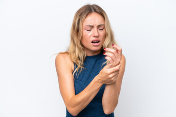 Young Russian woman isolated on white background suffering from pain in hands