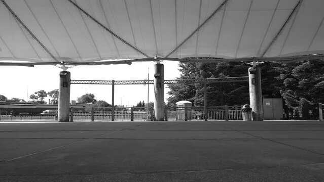 Black and white look at a concert stage in Muskegon.
